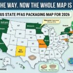 PFAS - Korpack - Packaging Solutions for Complex Businesses Infographic map of the United States titled 'US State PFAS Packaging Map for 2026' showing which states have PFAS packaging bans or laws: green = already enforcing, light green = going in 2026, orange = coming in 2027+, yellow = active legislation; California, New York, Maine highlighted; icons show packaging types.