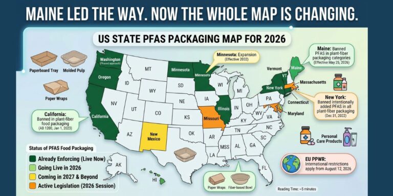 Infographic map of the United States titled 'US State PFAS Packaging Map for 2026' showing which states have PFAS packaging bans or laws: green = already enforcing, light green = going in 2026, orange = coming in 2027+, yellow = active legislation; California, New York, Maine highlighted; icons show packaging types.
