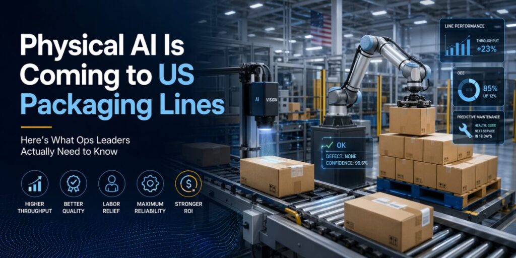 Factory conveyor with robotic arms packaging boxes while a dark blue panel shows the headline: 'Physical AI Is Coming to US Packaging Lines'.