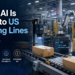 Physical AI - Korpack - Packaging Solutions for Complex Businesses Factory conveyor with robotic arms packaging boxes while a dark blue panel shows the headline: 'Physical AI Is Coming to US Packaging Lines'.