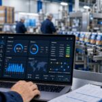CPG real time data - Korpack - Packaging Solutions for Complex Businesses Factory worker monitors a laptop displaying production analytics on a busy assembly line.