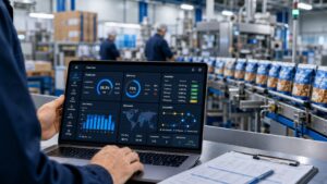 CPG real time data - Korpack - Packaging Solutions for Complex Businesses Factory worker monitors a laptop displaying production analytics on a busy assembly line.