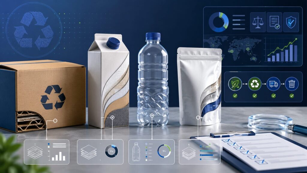 Row of recyclable packaging items (box, carton, bottle, pouch) on a desk with sustainability analytics overlays in the background.