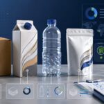 Substantiated Sustainability - Korpack - Packaging Solutions for Complex Businesses Row of recyclable packaging items (box, carton, bottle, pouch) on a desk with sustainability analytics overlays in the background.