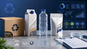 Substantiated Sustainability - Korpack - Packaging Solutions for Complex Businesses Row of recyclable packaging items (box, carton, bottle, pouch) on a desk with sustainability analytics overlays in the background.