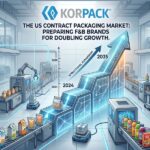doubling markets - Korpack - Packaging Solutions for Complex Businesses Infographic showing the US contract packaging market growing to 2035 with a glowing stepped arrow, robotic arms, and a modern packaging line labeled KORPACK.