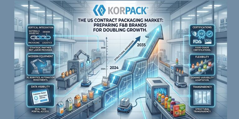 Infographic showing the US contract packaging market growing to 2035 with a glowing stepped arrow, robotic arms, and a modern packaging line labeled KORPACK.