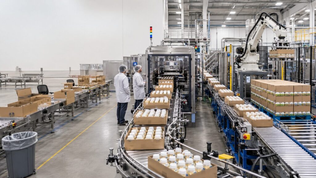 Bottled products move along a conveyor on an automated packaging line in a clean factory, with two workers in white coats and hairnets overseeing the process.