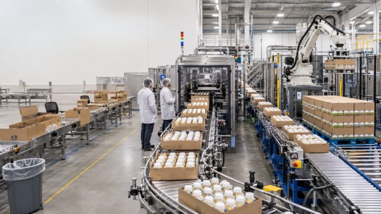 Bottled products move along a conveyor on an automated packaging line in a clean factory, with two workers in white coats and hairnets overseeing the process.