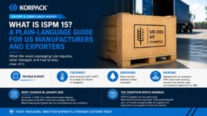 ISPM15 - Korpack - Packaging Solutions for Complex Businesses Banner promoting the ISPM 15 guide with large blue text, Korpack logo, and a wooden shipping crate on the right.