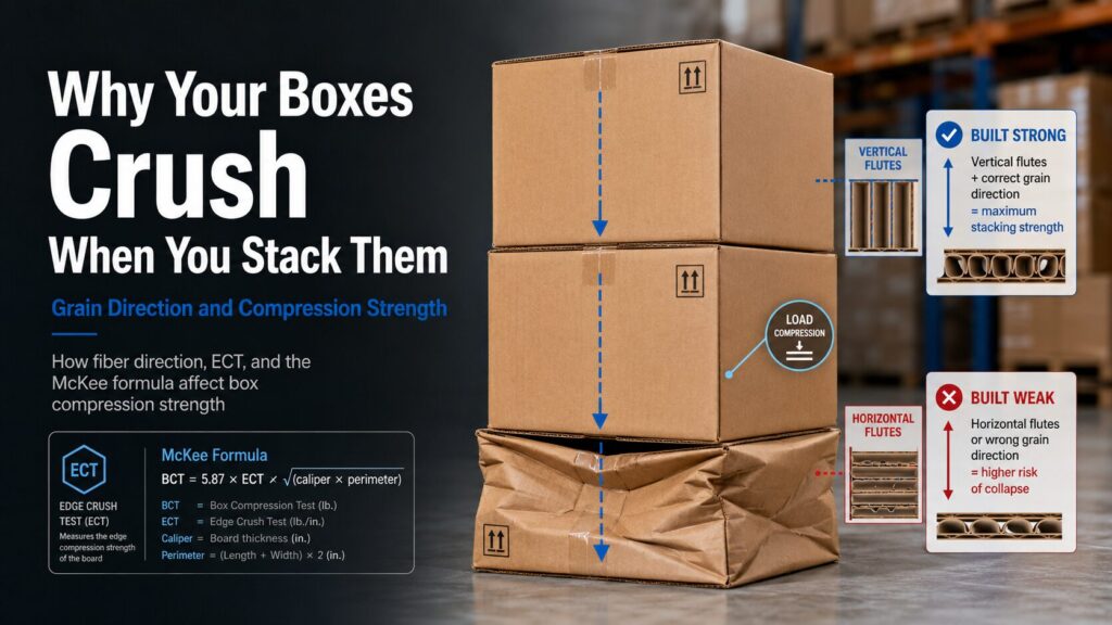 Poster explaining why stacked cardboard boxes crush, with stacked boxes, arrows, and diagrams about grain direction and compression strength.