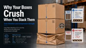 grain and packaging - Korpack - Packaging Solutions for Complex Businesses Poster explaining why stacked cardboard boxes crush, with stacked boxes, arrows, and diagrams about grain direction and compression strength.