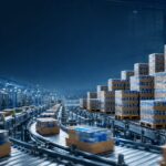 holiday spike co packing - Korpack - Packaging Solutions for Complex Businesses Warehouse with stacked pallets of boxed goods on a curved conveyor line