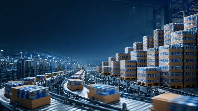 holiday spike co packing - Korpack - Packaging Solutions for Complex Businesses Warehouse with stacked pallets of boxed goods on a curved conveyor line