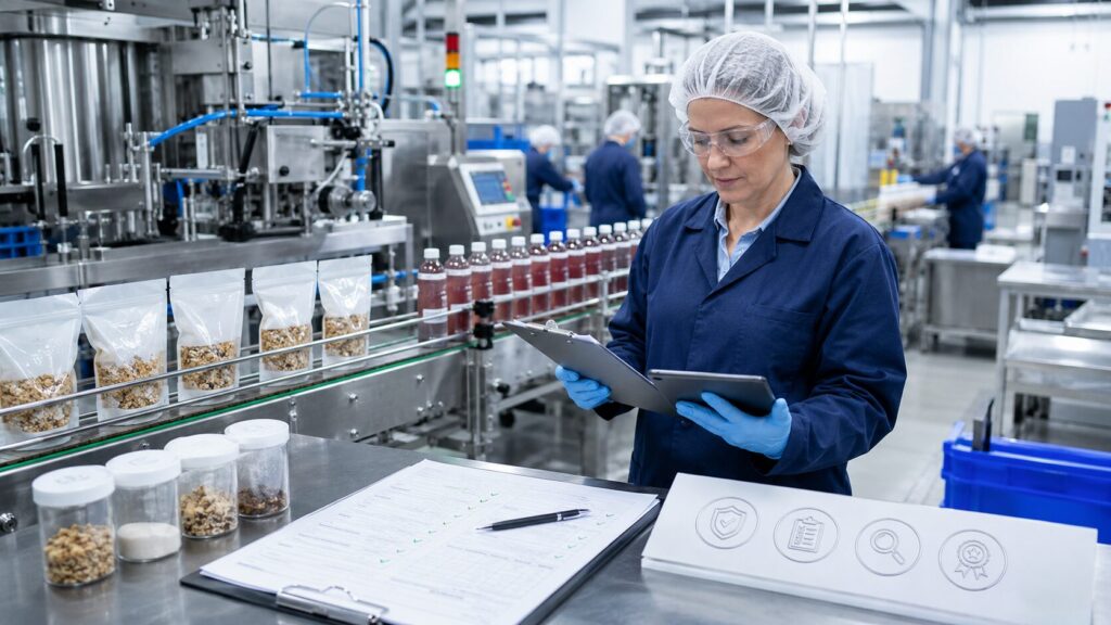QA technician in a blue lab coat and hairnet reviews the granola-bottling line with a clipboard and tablet on a stainless steel production floor.