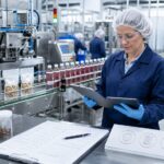 sqf certified - Korpack - Packaging Solutions for Complex Businesses QA technician in a blue lab coat and hairnet reviews the granola-bottling line with a clipboard and tablet on a stainless steel production floor.