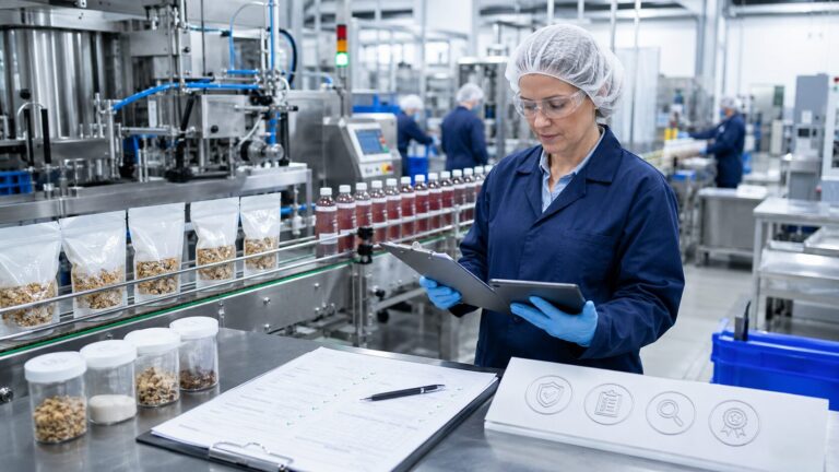 QA technician in a blue lab coat and hairnet reviews the granola-bottling line with a clipboard and tablet on a stainless steel production floor.