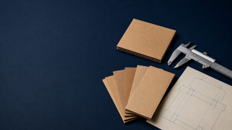 Pile of brown cardboard sample cards with a metal caliper and a technical blueprint on a dark blue surface.