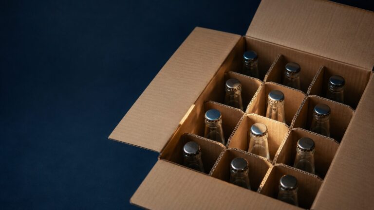 DTC packaging - Korpack - Packaging Solutions for Complex Businesses Open cardboard box with dozen glass bottles in compartments, capped with metal caps as shipping packing.