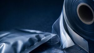 Meat-Snack Packaging Is All About the Barrier - Korpack - Packaging Solutions for Complex Businesses Roll of clear plastic film with a sealed pouch on a dark surface, showing packaging materials ready for use.