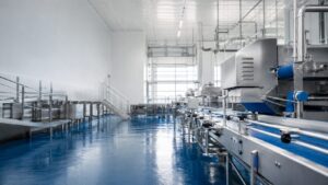 USDA meat packaging - Korpack - Packaging Solutions for Complex Businesses Industrial food processing plant with stainless steel equipment on a blue epoxy floor, conveying a clean, high-tech production line.