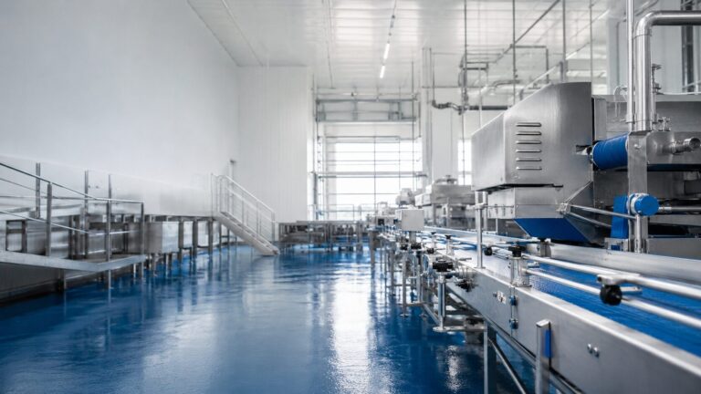 Industrial food processing plant with stainless steel equipment on a blue epoxy floor, conveying a clean, high-tech production line.