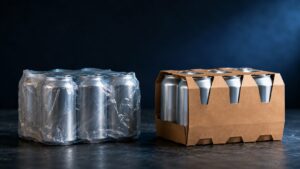 bev multipack changes - Korpack - Packaging Solutions for Complex Businesses Two six-pack beverage cans: one in clear plastic wrap, the other in a brown cardboard carrier on a dark surface.