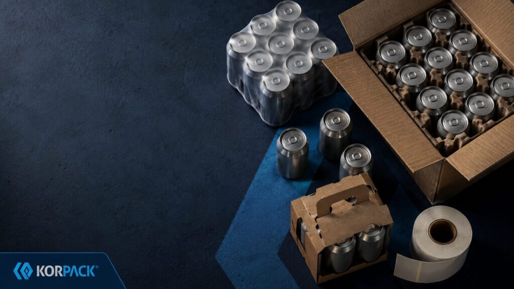 Assorted packaging supplies on a dark blue surface, including metal cans in boxes and a roll of packing tape (Korpack branding).