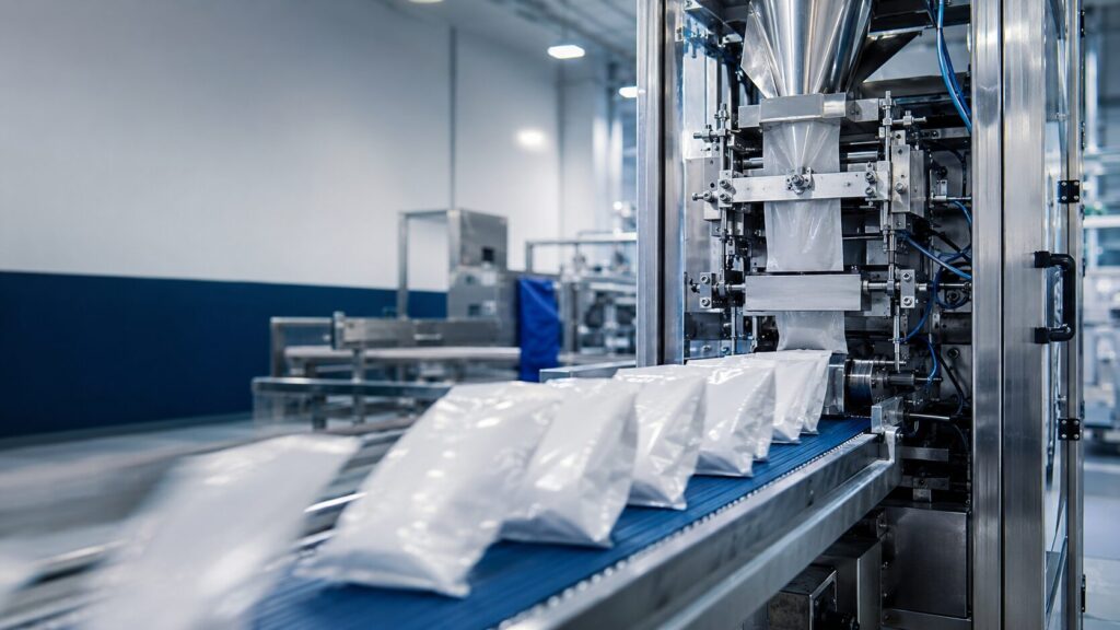 Automated packaging machine on a blue conveyor belt with white plastic bags in a clean industrial setting.