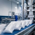 filling packs meat snack - Korpack - Packaging Solutions for Complex Businesses Automated packaging machine on a blue conveyor belt with white plastic bags in a clean industrial setting.