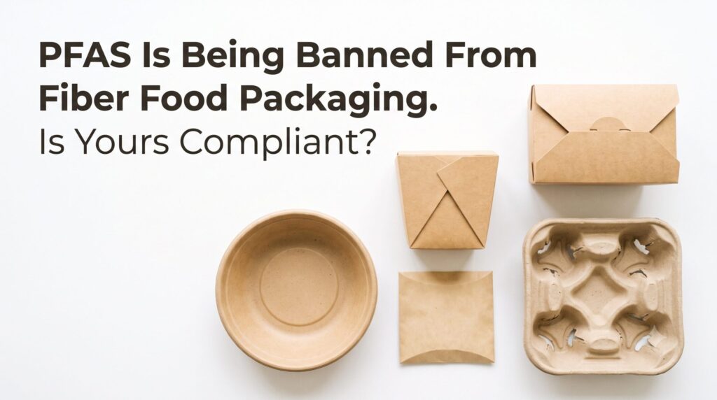 Bold headline about PFAS ban on fiber food packaging with scattered kraft paper boxes, cups, and a muffin tray on a white background.