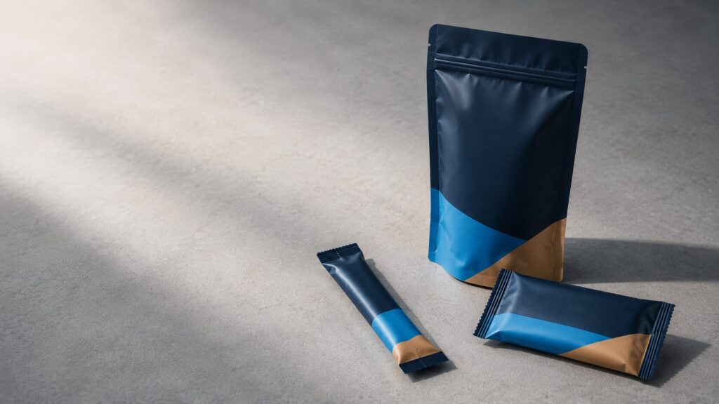 Blue and tan resealable snack pouch (standing) with two matching small wrappers on a gray concrete surface.