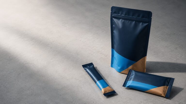 Blue and tan resealable snack pouch (standing) with two matching small wrappers on a gray concrete surface.