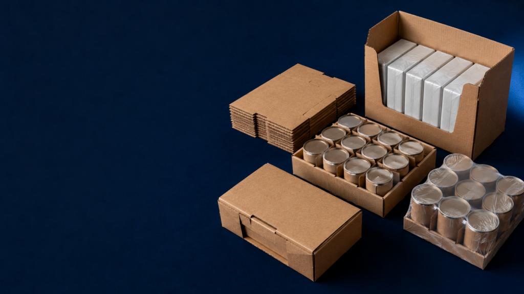 Boxes and crates filled with canned goods and wrapped packages, arranged for shipment on a dark blue surface.
