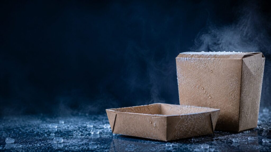 Two frosty cardboard boxes—one open tray in front, one upright—on a icy, cold surface with fog in the background.