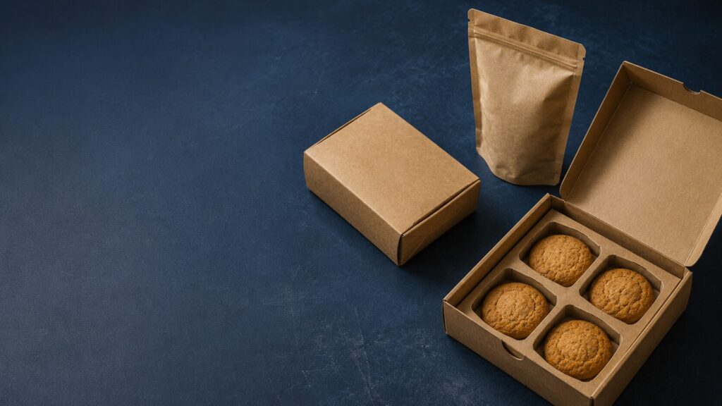 Kraft cardboard cookie box open with four cookies inside, plus a standing resealable pouch on a dark blue surface.