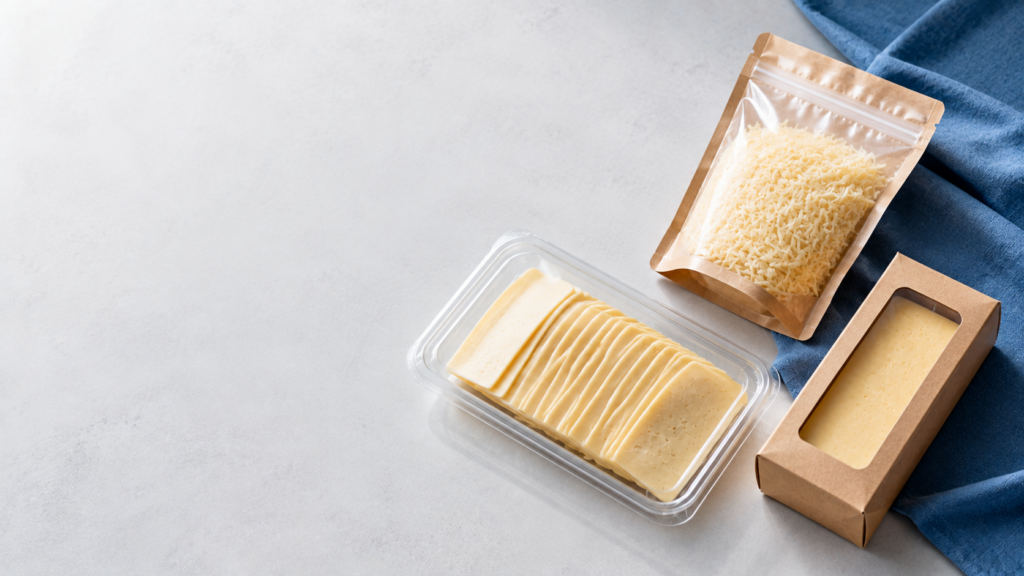 Assortment of cheese: sliced cheese in a clear tray, shredded cheese in a stand-up pouch, and a cheese sauce in a cardboard box on a blue cloth backdrop.