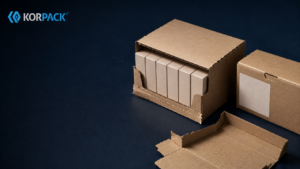 retail ready packaging solutions - Korpack - Packaging Solutions for Complex Businesses Cardboard shipping boxes on a dark blue surface with the KorPack logo in the top-left corner.