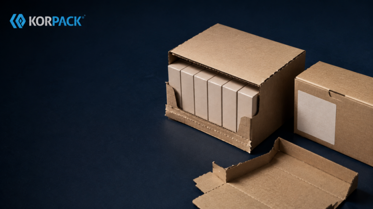Cardboard shipping boxes on a dark blue surface with the KorPack logo in the top-left corner.