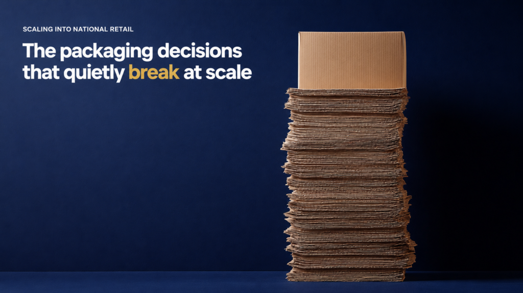 Dark blue backdrop with a tall stack of flattened cardboard on the right; on the left, the headline reads 'SCALING INTO NATIONAL RETAIL' and 'The packaging decisions that quietly break at scale' (highlighted word 'break').