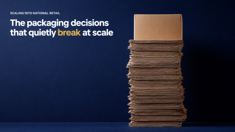 Dark blue backdrop with a tall stack of flattened cardboard on the right; on the left, the headline reads 'SCALING INTO NATIONAL RETAIL' and 'The packaging decisions that quietly break at scale' (highlighted word 'break').