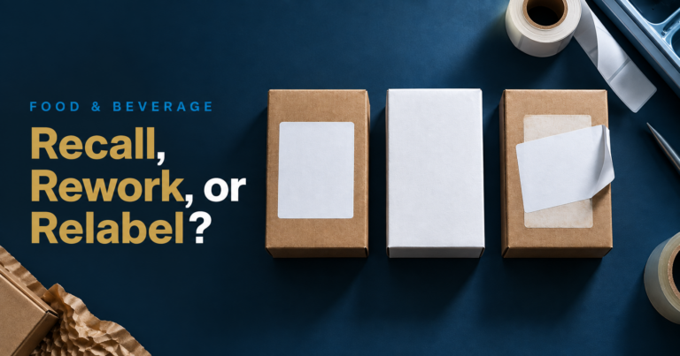 Food & Beverage banner with three boxes on a blue surface and the bold question: Recall, Rework, or Relabel?
