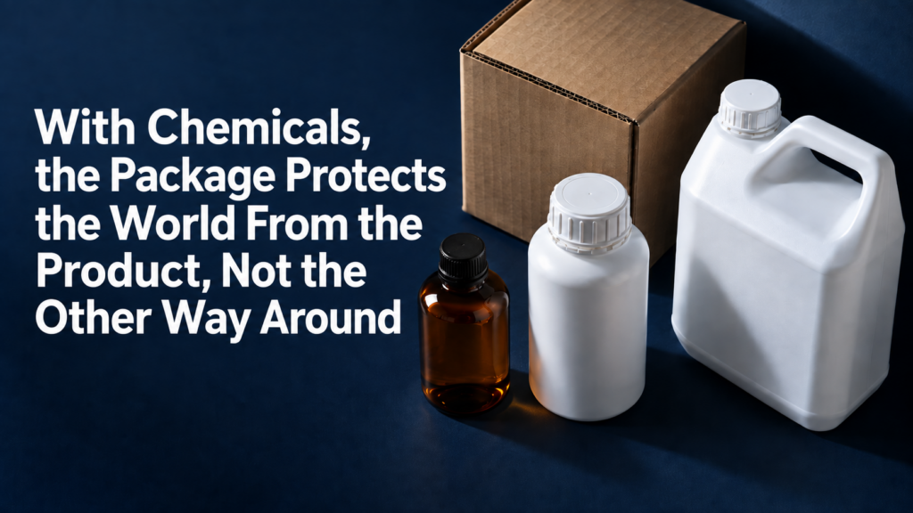 Bold slogan about chemical packaging protecting the world, with a cardboard box and white and amber chemical bottles on the right.