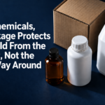 chemical packaging - Korpack - Packaging Solutions for Complex Businesses Bold slogan about chemical packaging protecting the world, with a cardboard box and white and amber chemical bottles on the right.