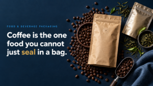 coffee packaging - Korpack - Packaging Solutions for Complex Businesses Coffee packaging hero: kraft bags and loose coffee beans on a dark blue surface beside a scoop, with the slogan about sealing coffee in a bag.