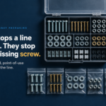 industrial co pack experts - Korpack - Packaging Solutions for Complex Businesses Industrial hardware kit laid out in a plastic case with screws, nuts, and washers on a blue background, beside the slogan about a missing screw.