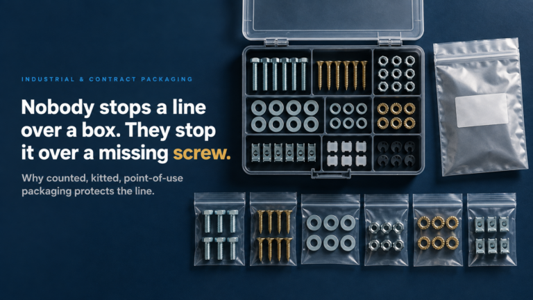 Industrial hardware kit laid out in a plastic case with screws, nuts, and washers on a blue background, beside the slogan about a missing screw.