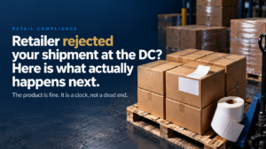 retail reject repack - Korpack - Packaging Solutions for Complex Businesses Warehouse scene with stacked cardboard boxes on a pallet; overlay text asks about what happens after a shipment rejection.