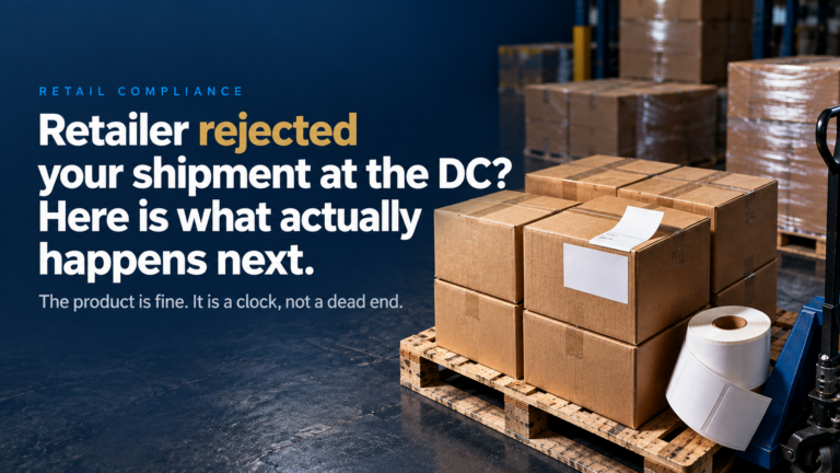 Warehouse scene with stacked cardboard boxes on a pallet; overlay text asks about what happens after a shipment rejection.