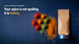 spice packaging - Korpack - Packaging Solutions for Complex Businesses Spices in red, orange, green, and yellow spill from a kraft pouch onto a dark blue textured surface with the headline: “Your spice is not spoiling. It is fading.”
